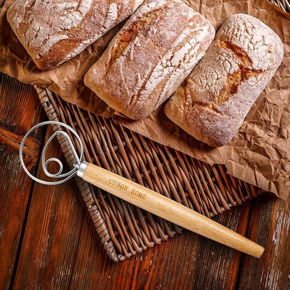 Pack of 2 Danish Dough Whisk, Kitchen Baking Flour Mixing Tool for Sourdough, Bread, Flour Paste, Butter, Pancake, Pizza, Cake, Pastry, Biscuits, Wooden Handle Stainless Steel Ring - Image 5