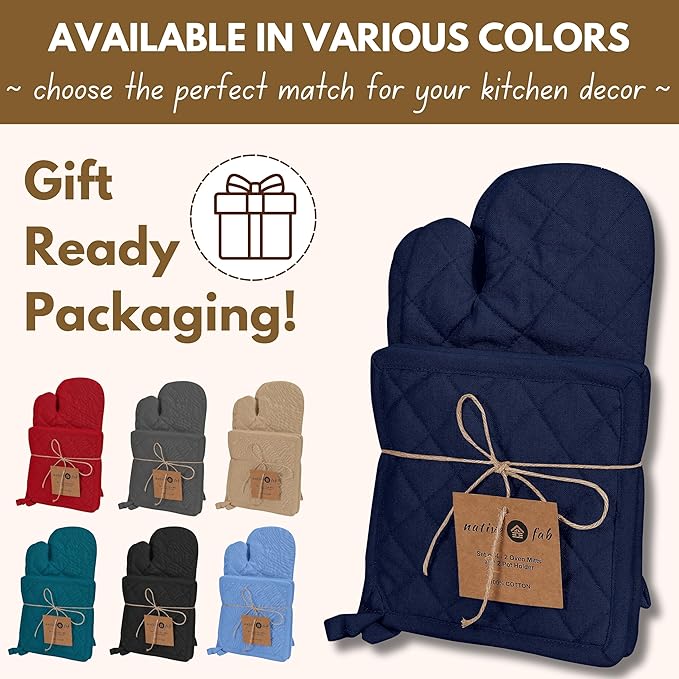 Native Fab 4 Piece Set - 2 Oven Mitts & 2 Potholders, Heat Resistant, 100% Cotton, Quilted Design, Non-Slip Grip, Machine Washable, Ideal for Baking, Cooking, BBQ, Kitchen Protection - Navy Blue - Image 6