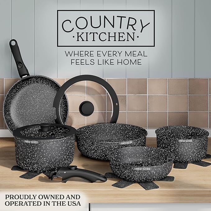 Country Kitchen Cookware Set with Removable Handle, Oven & RV Safe Pots and Pans Set, Black, Original - Image 2