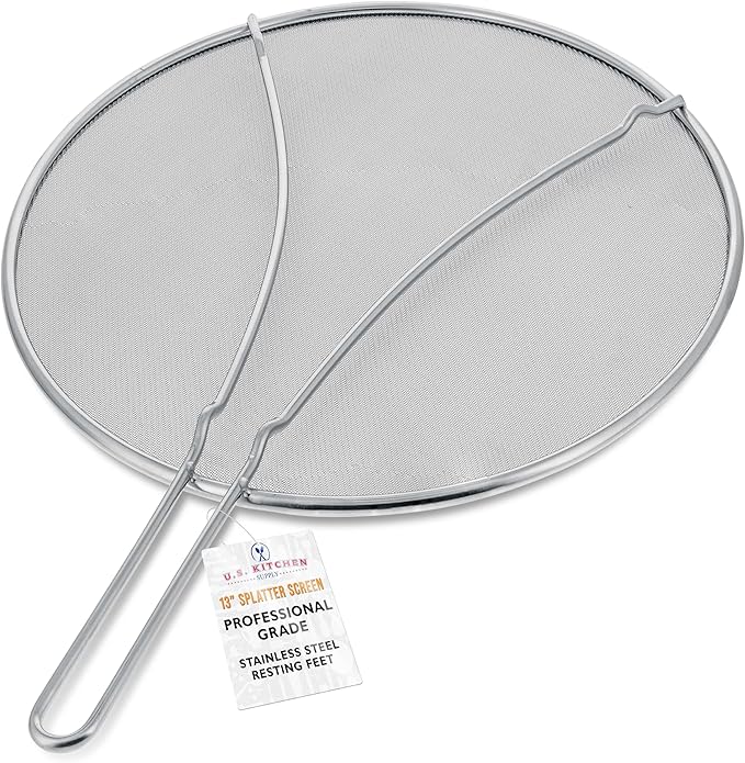 U.S. Kitchen Supply Stainless Steel Splatter Guard 13" Fine Mesh Cover, Grease & Oil, Splatter Screen for Frying Pan, Cooking Pots, with Resting Feet by USKitchenSupply