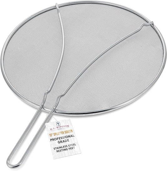 U.S. Kitchen Supply Stainless Steel Splatter Guard 13" Fine Mesh Cover, Grease & Oil, Splatter Screen for Frying Pan, Cooking Pots, with Resting Feet by USKitchenSupply