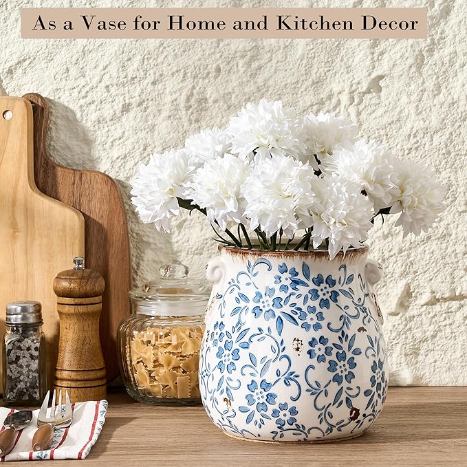 Utensil Holder for Kitchen Counter, Modern Farmhouse Rustic Cooking Utensil Holder and Crock, Exquisite Chinoiserie Floral Ceramic Utensil Organizer for Home Kitchen Decor- Blue and White Porcelain - Image 6