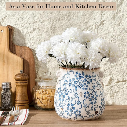 Utensil Holder for Kitchen Counter, Modern Farmhouse Rustic Cooking Utensil Holder and Crock, Exquisite Chinoiserie Floral Ceramic Utensil Organizer for Home Kitchen Decor- Blue and White Porcelain - Image 6