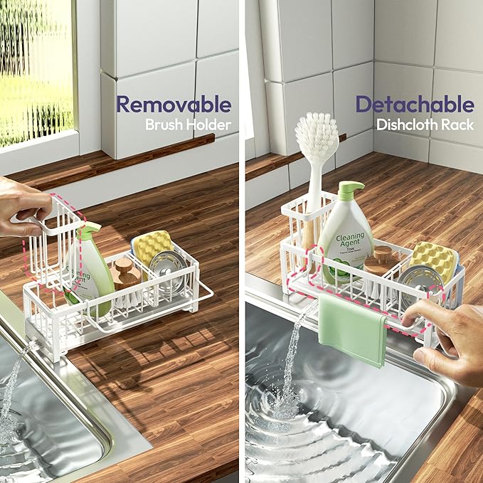 SWTYMIKI Sponge Holder for Kitchen Sink - Sink Caddy with Brush Holder Self-draining Sponge Caddy Organizer with Divider Stainless Steel Kitchen Accessories Storage for Countertop, White - Image 3
