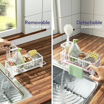 SWTYMIKI Sponge Holder for Kitchen Sink - Sink Caddy with Brush Holder Self-draining Sponge Caddy Organizer with Divider Stainless Steel Kitchen Accessories Storage for Countertop, White - Image 3