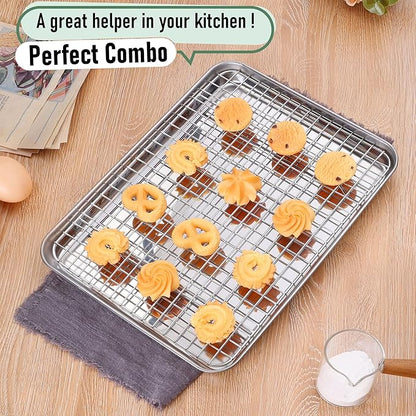 Homikit Quarter Sheet Pan with Wire Rack Set (2 Baking Sheets+2 Racks), Stainless Steel Baking Tray with Grid Cooling Rack for Toaster Oven Roasting, Metal Bacon Cookie Jelly Roll Pan, 12" x 10" Inch