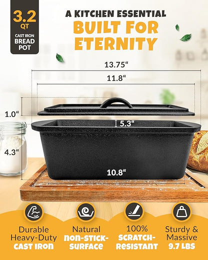 CRUSTLOVE Rectangular Cast Iron Dutch Oven for Bread Baking - incl. Sourdough Bread-Baking Supplies - 3.2QT Bread-Pan for Homemade-Bread, Sour dough Bread-Pans with Lid, Bread-Oven, Bread-Baking-Pan - Image 3