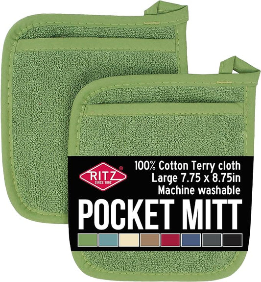 RITZ Terry Pocket Mitt & Hot Pad: Unparalleled Heat Resistant, Durable 100% Cotton – Ergonomically Designed for Optimal Grip – Easy-Care Machine Washable – 2-Pack, Cactus by Ritz+Foodservice