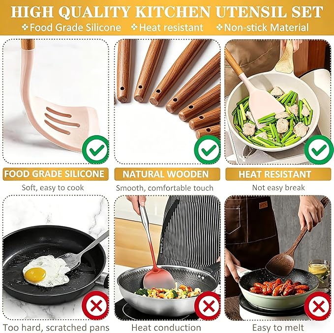 Thickened Silicone Cooking Utensils Set with Natural Wooden Handle- Umite Chef Khaki Kitchen Utensils Set, 34PCS Heat Resistant Kitchen Gadgets Tools Set, Kitchen Spatula Set for Nonstick Cookware - Image 3