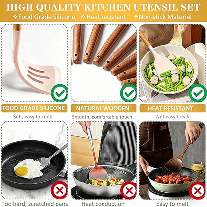 Thickened Silicone Cooking Utensils Set with Natural Wooden Handle- Umite Chef Khaki Kitchen Utensils Set, 34PCS Heat Resistant Kitchen Gadgets Tools Set, Kitchen Spatula Set for Nonstick Cookware - Image 3