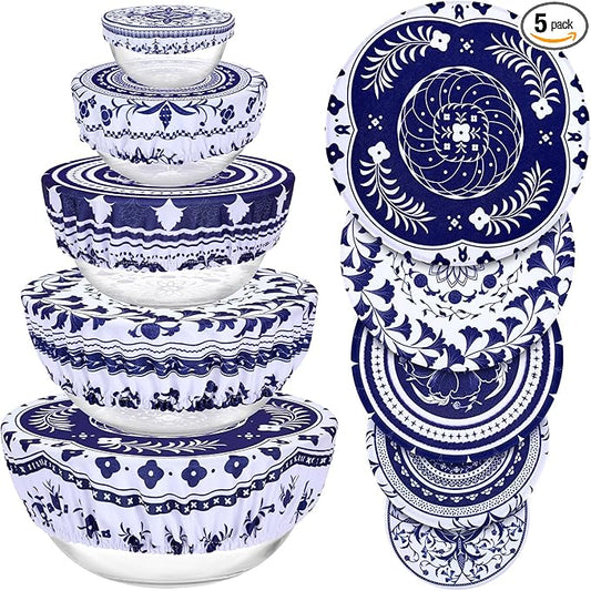5 Pieces Bowl Covers Reusable, 5 Multi-Size Elastic Cloth Fabric Bowl Covers for Bread Proofing Stretch Food Covers Washable for Food Fruits Leftover (Blue) by Revahope