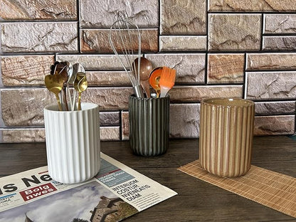 TOPYOKK Stoneware Coffee Bar Utensil Holder Tea & Coffee Spoon & Stirrer Holder for Stir Stick Straw Teaspoon Holder Spoon Cup Small Utensil Jar Fluted Vertical Stripe (Pure White) - Image 3
