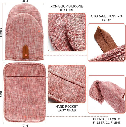 4Pcs Heat Resistant Oven Mitts & Potholders (Up to 500°F), Flexible Kitchen Accessories for BBQ, Baking, Microwave, Stovetop Use and More (Pink) - Image 2
