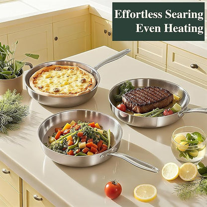 12 Inch Tri-Ply Stainless Steel Frying Pan, Frying Pan with Lid, PFOA/PTFE Free Skillet, Induction Cooking Pans, Dishwasher & Oven Broiler Safe 600F, Professional Cookware, Heavy Duty & Even Heat - Image 3