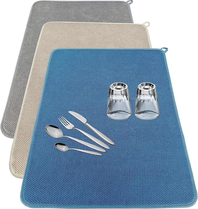 3 Pack Microfiber Dish Drying Mats,Ultra Absorbent Dish Drainer Mats,20x15" Large Size Kitchen Quick Dry Pads for Counter,Under Sink,Coffee Rack(Blue,Beige,Gray) by Bvrbaory