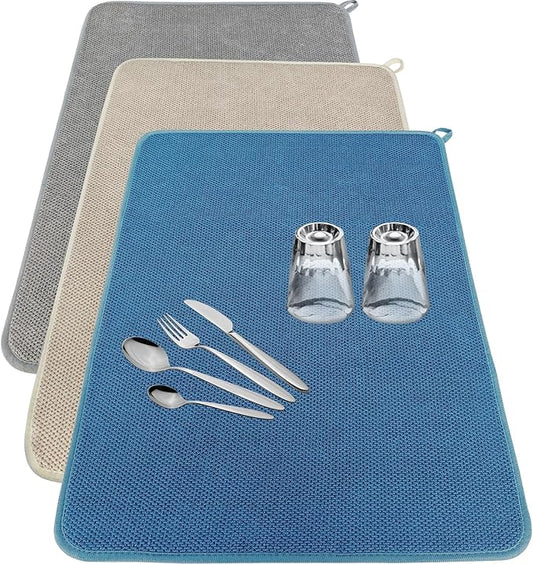 3 Pack Microfiber Dish Drying Mats,Ultra Absorbent Dish Drainer Mats,20x15" Large Size Kitchen Quick Dry Pads for Counter,Under Sink,Coffee Rack(Blue,Beige,Gray) by Bvrbaory