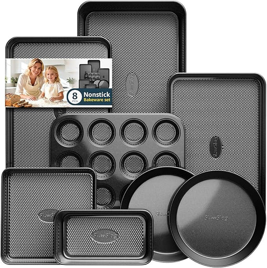 Nonstick Baking Pans Set, 8-Piece Stackable Bakeware Sets, Non-Toxic Oven Pan Set, Includes Baking Sheet, Cake Pan, Muffin Pan, Loaf Pan, Square Pan, Cookie Sheet & Roasting Pan, Black by SlowSLog