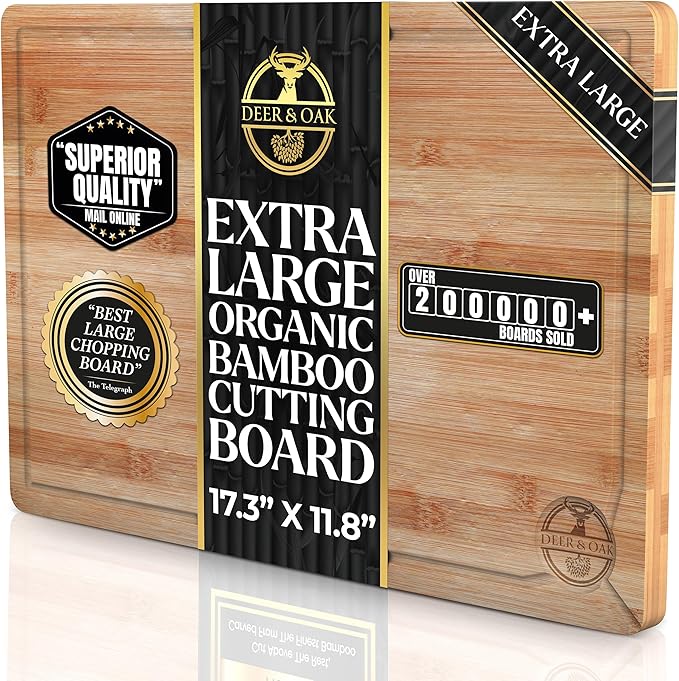 Deer & Oak Premium Extra Large Bamboo Cutting Board - 17.3" x 11.8" x 0.8" Wooden Chopping Board for Meat and Vegetables, Pre-Oiled, Water Resistant, Knife Friendly by DeerOak