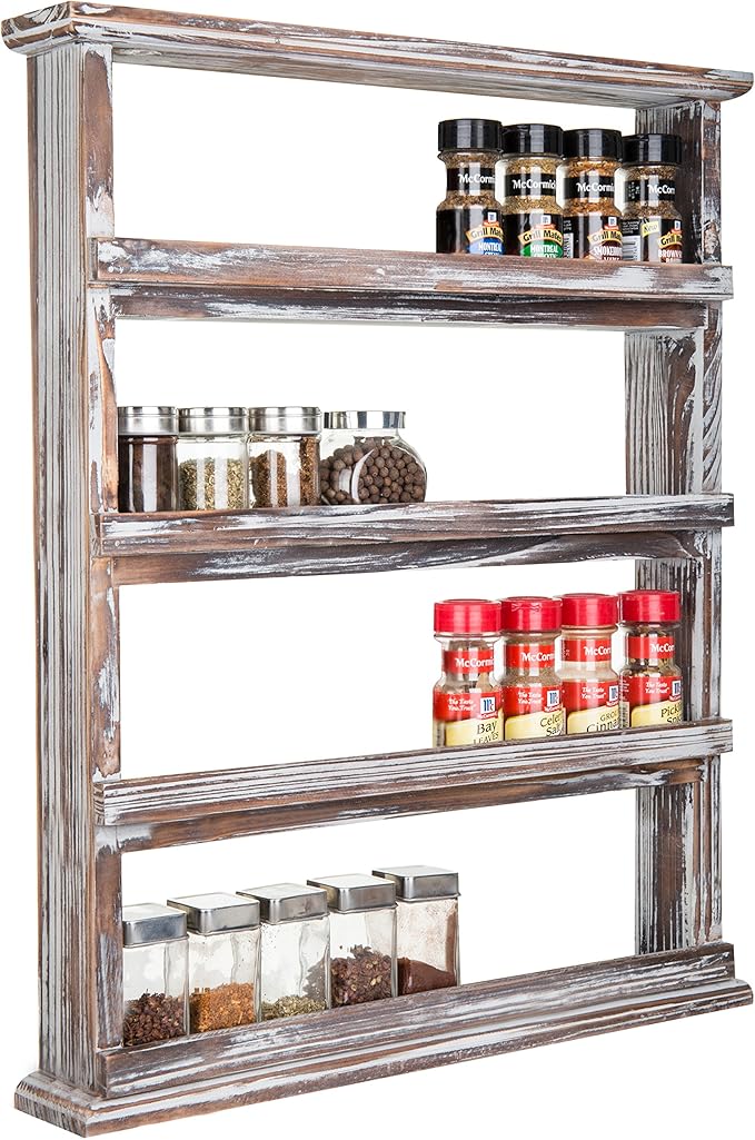 MyGift Wooden Spice Rack Wall Mount, Hanging 4 Tier Seasoning Jar Shelf Organizer, Condiment Storage for Kitchen, Pantry, Large Spice Organization, Vintage Rustic Torched - Image 2
