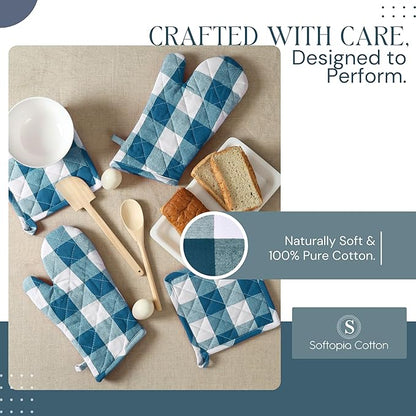 Oven Mitt & Pot Holder Buffalo Plaid Check 100% Cotton Heat Resistant Oven Gloves (7"x13") & Hot Pads (8"x8") Combo for Baking, Cooking - Teal