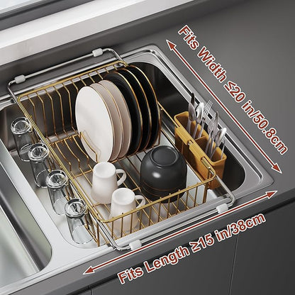 JASIWAY Gold in Sink Dish Drying Rack, Expandable Stainless Steel Small Dish Rack Over Kitchen Sink, Plate Drainer Strainer with Cutlery Holder & Cup Holders, Counter Space Saving Wire Dryer Rack - Image 5