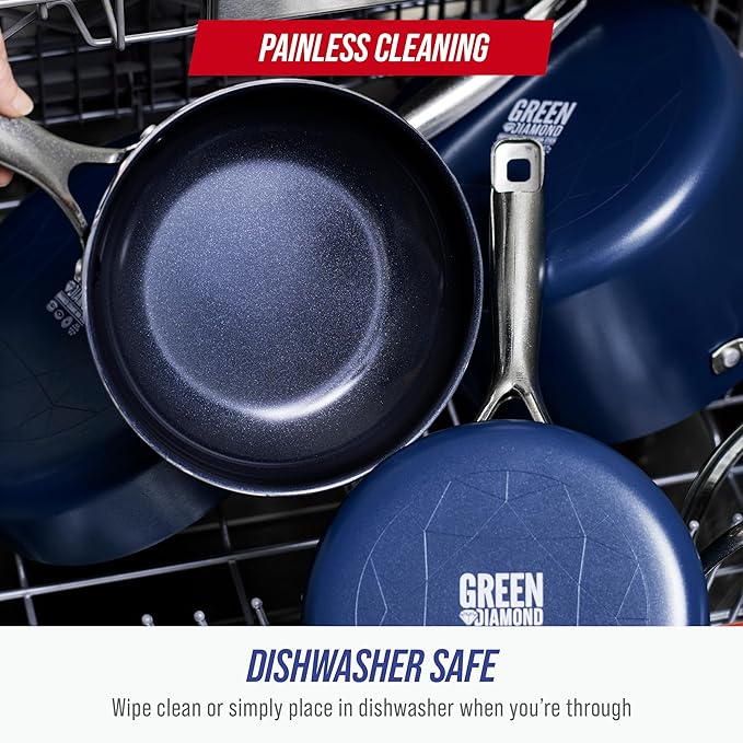 Blue Diamond 9.5” and 11" Frying Pan Skillet Set, Diamond Infused PFAS & PFOA-Free Ceramic Nonstick Pots & Pans, Durable Non Toxic Metal Utensil Safe & Scratch Resistant, Dishwasher & Oven Safe, Blue - Image 9