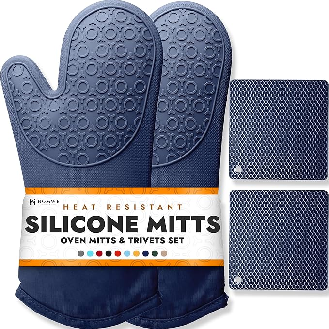 BPA-Free Soft Silicone 4 Piece Oven Mitts & Trivets Set - Ultra Heat Resistant Oven Mitts with Thick Cotton Liner - Long Slip Resistant Pot Holders, Flexible Oven Gloves - Navy by HOMWE