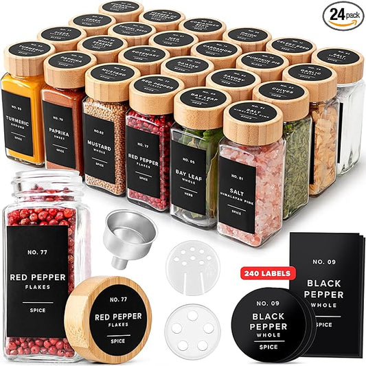 EDELHAUS® Square Spice Jars with Bamboo Wooden Lid (Pack of 24) Spice Jars with Shaker Insert and 240 Labels - Bamboo Lid Glass Container for Spice Organisation [4.3 in × 1.8 in] by EDELHAUS