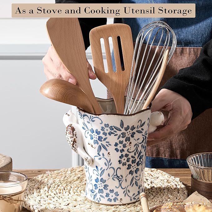 6.34"H Utensil Holder for Kitchen Counter, Modern Farmhouse Cooking Utensil Holder and Crock Home Kitchen Decor, Ceramic Utensil Organizer for Spatula, Ladle, Eggbeater, Rolling Pin- Blue and White - Image 5