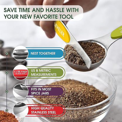 Spring Chef Stainless Steel Magnetic Measuring Spoons Set with Strong Magnets, Heavy Duty Metal Kitchen Essentials - Fits in Most Kitchen Spice Jars, Multicolor, Set of 8 with Leveler - Image 5