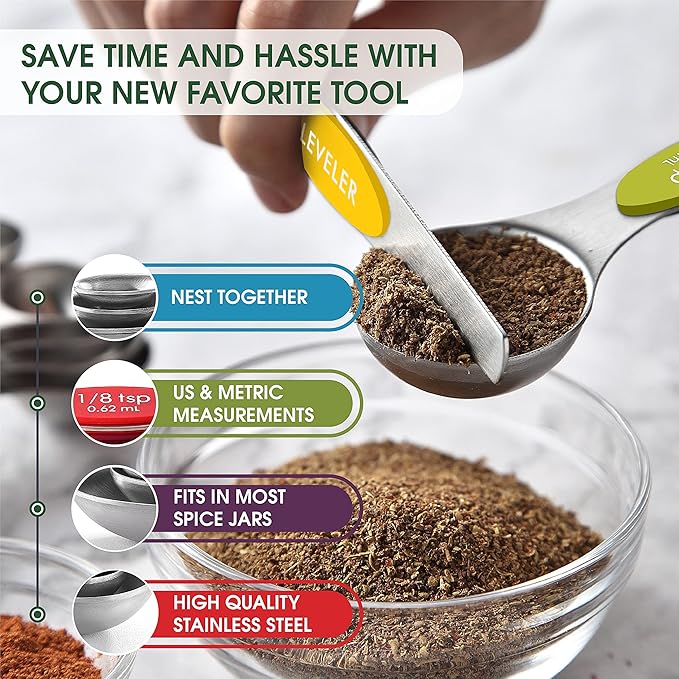 Spring Chef Multicolor Stainless Steel Magnetic Measuring Spoons Set of 8 with Leveler, Nesting Metal Teaspoon & Tablespoon Measuring Spoons, Kitchen Gadgets for Baking & Cooking - 2 Pack - Image 5