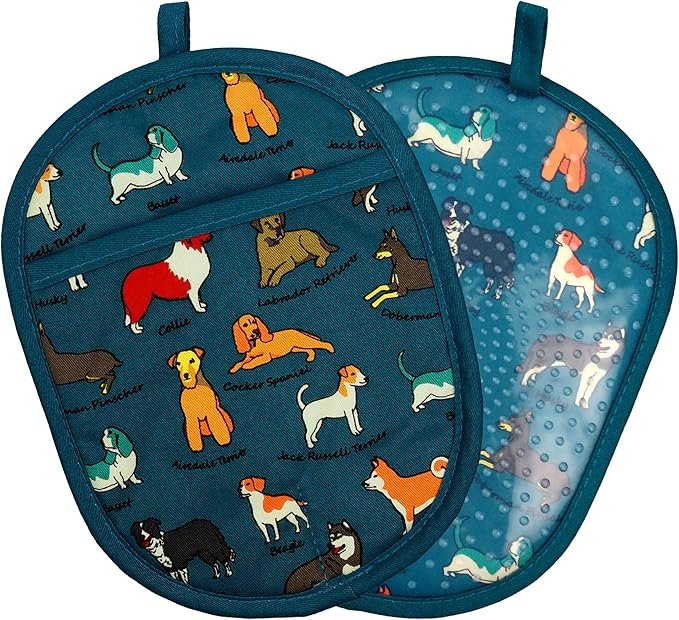 Pot Holders Set of 2 with Transparent Clear Silicone Shell and Nice Dog Flower Cotton Lining, Heat Resistant to 500 F Kitchen Oven Gloves Pot Holder for Cooking (Blue Dog, Potholders) by REDLMLDETA