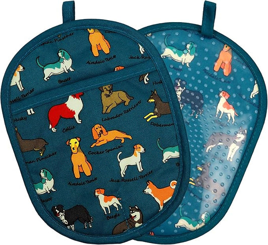 Pot Holders Set of 2 with Transparent Clear Silicone Shell and Nice Dog Flower Cotton Lining, Heat Resistant to 500 F Kitchen Oven Gloves Pot Holder for Cooking (Blue Dog, Potholders) by REDLMLDETA