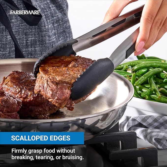 Farberware Silicone-Tipped Locking Kitchen Tongs – Heat Resistant, Nonstick Safe, Ergonomic Handle, Scalloped Tips, Durable and Dishwasher Safe, 9 Inch - Image 4