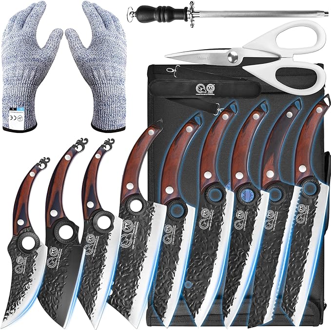 XYJ Professional Kitchen Knife Set with High-Carbon Steel Forged Blades, Chef's Knife, Cleaver, Carving Knife, Nakiri, Full Tang Design, Includes Carrying Bag & Poultry Scissors