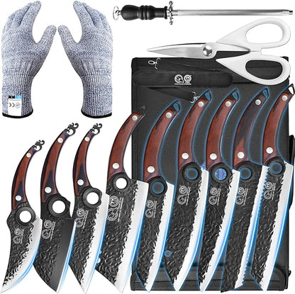 XYJ Professional Kitchen Knife Set with High-Carbon Steel Forged Blades, Chef's Knife, Cleaver, Carving Knife, Nakiri, Full Tang Design, Includes Carrying Bag & Poultry Scissors