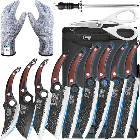XYJ Professional Kitchen Knife Set with High-Carbon Steel Forged Blades, Chef's Knife, Cleaver, Carving Knife, Nakiri, Full Tang Design, Includes Carrying Bag & Poultry Scissors