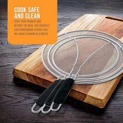 U.S. Kitchen Supply 3-Piece Stainless Steel Splatter Guard Set (13", 11.5", 9.5") Fine Mesh Cover, Grease & Oil, Splatter Screen for Frying Pan, Cooking Pots, with Resting Feet & Comfort Grip Handles - Image 7
