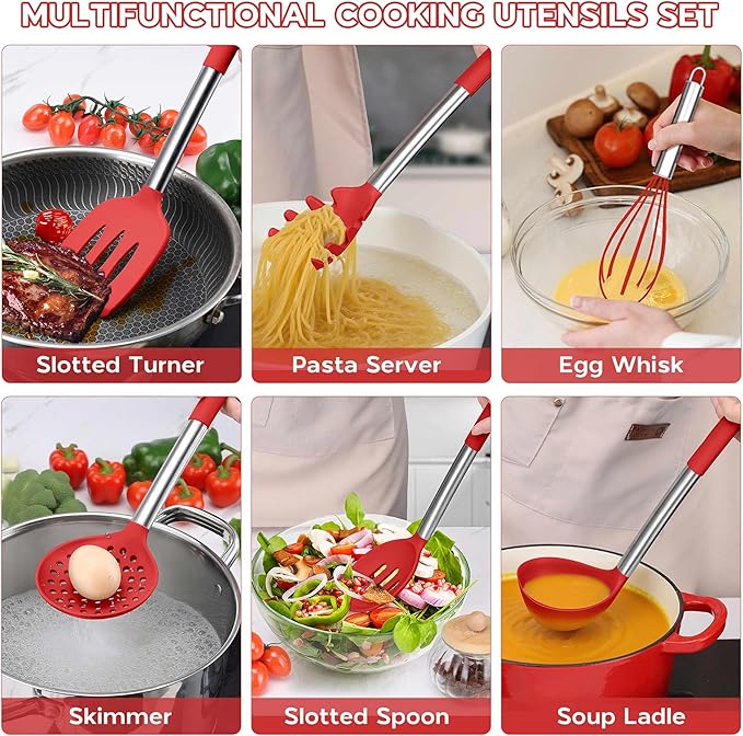 Onader 15 Pcs Silicone Cooking Utensils Set, Red Kitchen Utensils Spatula Set with Holder, Large Kitchen Gadgets Tools for Nonstick Cookware - Image 6