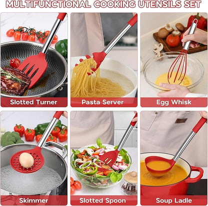 Onader 15 Pcs Silicone Cooking Utensils Set, Red Kitchen Utensils Spatula Set with Holder, Large Kitchen Gadgets Tools for Nonstick Cookware - Image 6