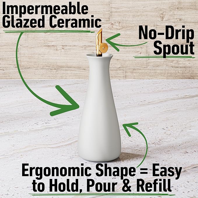 Ceramic Olive Oil Dispenser with Self-Closing Gold Spout - 530 ML Capacity Matte White Ceramic Oil Dispenser for Kitchen - Leak Proof EVOO Dispensing Bottle - Stylish, Ergonomic, Durable, Easy Pour - Image 2