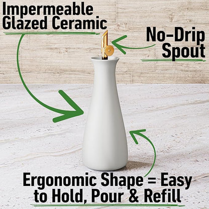 Ceramic Olive Oil Dispenser with Self-Closing Gold Spout - 530 ML Capacity Matte White Ceramic Oil Dispenser for Kitchen - Leak Proof EVOO Dispensing Bottle - Stylish, Ergonomic, Durable, Easy Pour - Image 2