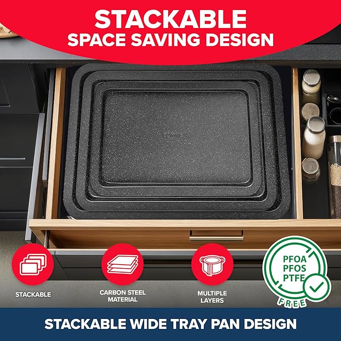 BAKKEN 3-Piece Kitchen Baking Pans - Small, Medium, and Large Cookie Pan, With Nonstick Coating, Stackable and Space-saving Design, PFOA, PFOS, PTFE Free, Oven Safe Tray (Up To 450°F), Gray Marble - Image 4