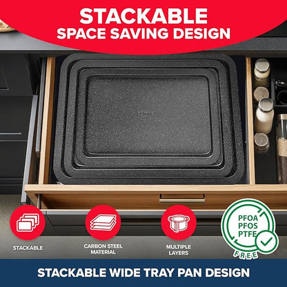 BAKKEN 3-Piece Kitchen Baking Pans - Small, Medium, and Large Cookie Pan, With Nonstick Coating, Stackable and Space-saving Design, PFOA, PFOS, PTFE Free, Oven Safe Tray (Up To 450°F), Gray Marble - Image 4