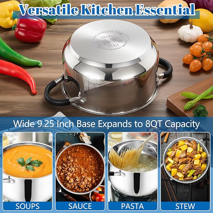 E-far Stainless Steel Stock Pot, 8 Quart Large Cooking Pot with Glass Lid for Boiling Pasta Soup Sauce, Tri-Ply Induction Thick Base for All Stoves, Cool-Touch Handles & Dishwasher Safe - Image 4