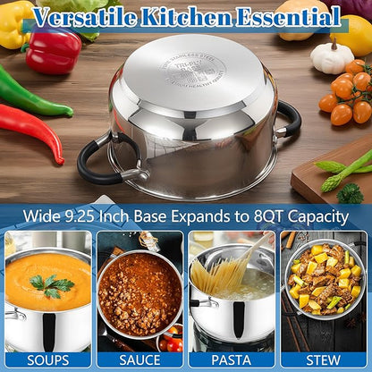 E-far Stainless Steel Stock Pot, 8 Quart Large Cooking Pot with Glass Lid for Boiling Pasta Soup Sauce, Tri-Ply Induction Thick Base for All Stoves, Cool-Touch Handles & Dishwasher Safe - Image 4