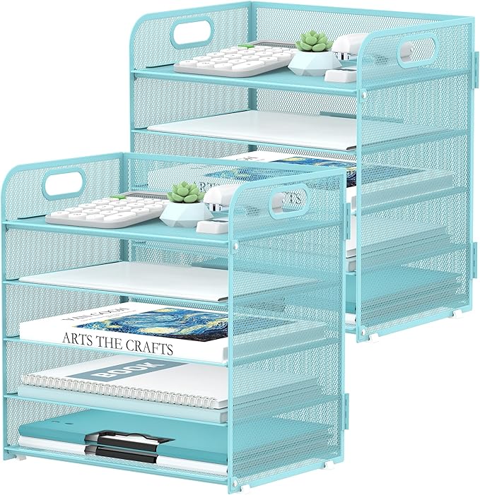 2 Pack 5-Tier Blue Desk Organizer with Handle Mesh Desk File/Paper Organizer Letter Tray for Office, School and Home Easy Installation by SUPEASY