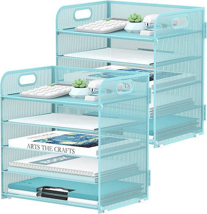 2 Pack 5-Tier Blue Desk Organizer with Handle Mesh Desk File/Paper Organizer Letter Tray for Office, School and Home Easy Installation by SUPEASY