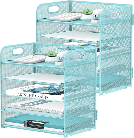2 Pack 5-Tier Blue Desk Organizer with Handle Mesh Desk File/Paper Organizer Letter Tray for Office, School and Home Easy Installation by SUPEASY