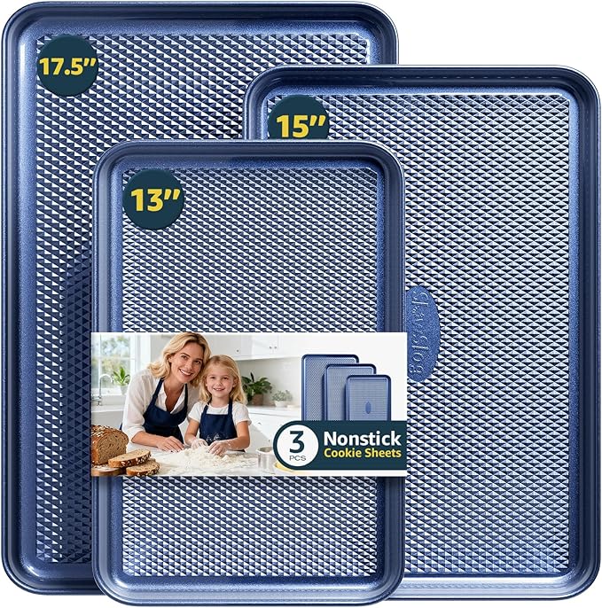 3Pcs Nonstick Baking Sheet, Baking Sheet Pan Set, Jelly Roll Pans, Cookies Sheet for Baking, Cookie Sheet Pan with Diamond Texture, Blue by SlowSLog
